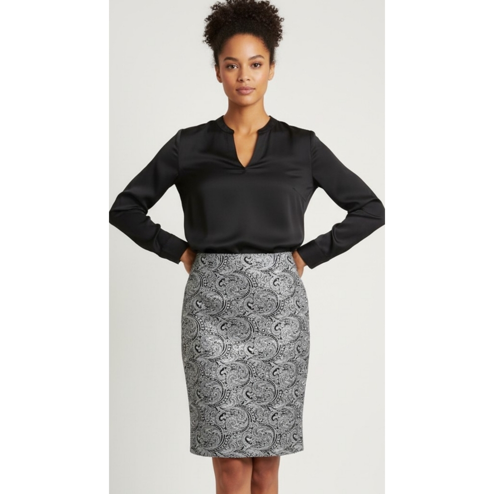 Ann Taylor Outlet Metallic Paisley Patterned Pencil Skirt Black & Silver Size 14